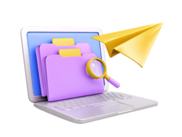 A 3D rendered laptop displaying a folder icon being examined by a magnifying glass with a paper plane nearby illustrating digital file search information retrieval or online data discovery png