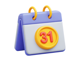 A 3D rendered purple desk calendar highlighting the date 31 in a yellow circle signifying a deadline month end important event or a specific appointment for your important planning png