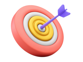 A vibrant 3D rendered target icon with a red and yellow bullseye hit by a purple arrow symbolizing achieved goals precision marketing success or strategic business objectives for any project png