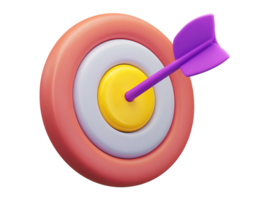 A dynamic 3D rendered target icon with red white and yellow layers pierced by a purple arrow illustrating goal attainment marketing precision or achieving key performance indicators effectively png