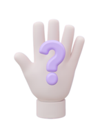 3D rendered hand with large purple question mark above palm Communicates questions uncertainty inquiry doubt problem solving or seeking information png