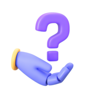 3D rendered blue gloved hand holding floating purple question mark Represents seeking answers inquiry problem solving doubt or need for information png