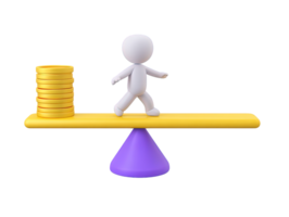 3D rendered figure balancing coins and smaller figure on seesaw Represents work life balance resource allocation fairness equality or weighing priorities png