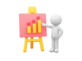3D rendered white human figure presenting bar chart with rising trends on easel Pink background Symbolizes business analytics financial growth or data viz png