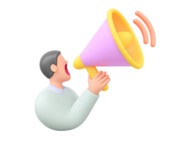 Side view 3D rendered figure speaking into purple yellow megaphone sound waves Conveys communication announcement public address or marketing messages png