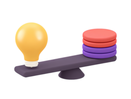 3D rendered seesaw balancing glowing lightbulb and stack of colorful coins Illustrates balance between ideas and investment innovation and cost graphic png