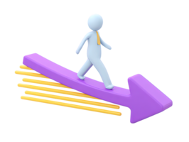 3D rendered human figure riding large purple arrow with yellow speed lines Dynamic icon represents progress growth forward movement ambition or achievement png