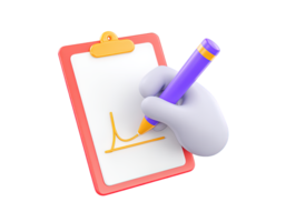 Angled view 3D rendered hand purple pen marking line graph on paper on orange clipboard Symbolizes data entry reporting analysis or task management png