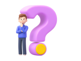 3D rendered male figure standing thoughtfully large purple question mark behind Illustrates confusion doubt problem solving or seeking answers graphic png