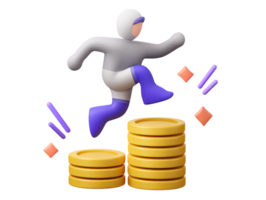3D rendered figure dynamically running towards large stack of gold coins with sparks Energetic icon represents ambition financial goals wealth creation png