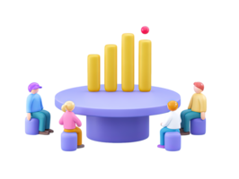 3D rendered diverse figures group around circular table with rising bar chart Represents teamwork collaboration business meetings or strategic planning png