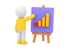 3D rendered yellow human figure pointing at rising bar chart on easel Illustrates business growth financial success data analysis or presentation png