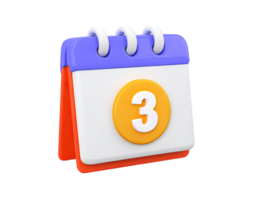 Vibrant 3D rendered calendar icon with number three highlighted Ideal for scheduling digital appointments reminders or marking key dates A modern clean graphic png