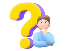 3D rendered male figure thoughtful expression next to large yellow purple question mark Symbolizes problem solving decision making seeking answers graphic png