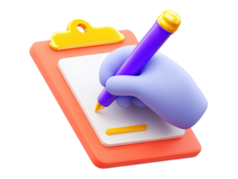 3D rendered hand using purple pen writing line graph on document on orange clipboard Represents planning analysis note taking reporting or tracking progress png