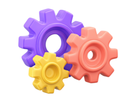 Two 3D rendered interlocking gears one purple one orange Symbolizes teamwork collaboration mechanics process system engineering or smooth operation graphic png