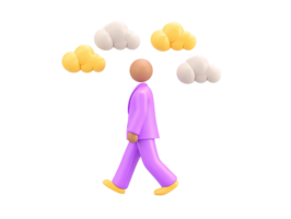 A 3D rendered icon of a figure walking calmly under three small clouds symbolizing a personal journey steady progress or perhaps a pensive or uncertain state of mind png