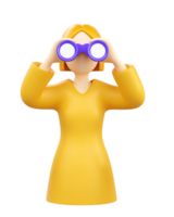 A 3D rendered icon of a woman in a yellow top looking through binoculars representing diligent searching discovery careful observation or exploring future possibilities ahead png