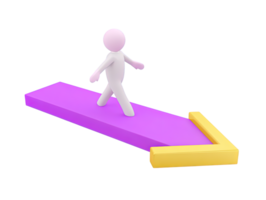 A 3D rendered icon of a stylized figure walking along a straight purple arrow path indicating clear direction progress forward movement and a defined journey ahead png