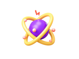 A 3D rendered icon of an atom symbol with interconnected gears at its core representing critical technological innovation scientific process or complex systems engineering design png