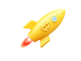 A 3D rendered icon of a sleek yellow rocket ship with a Bitcoin symbol taking off representing fast cryptocurrency growth sound investment and rapid financial ascent png