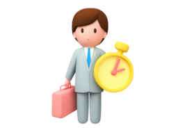 A 3D rendered icon of a businessman holding a briefcase and a clock emphasizing effective time management deadlines punctuality and professional work responsibilities png