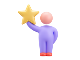 A 3D rendered icon of a simple figure holding a small yellow star representing achievement recognition aspiration quality rating or a modest success earned png