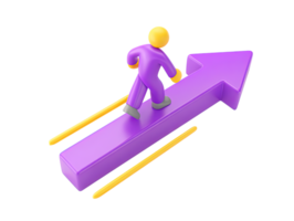 A 3D rendered icon of a figure confidently walking upwards on a large purple arrow symbolizing progress growth career advancement and achieving goals png