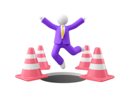 A 3D rendered icon of a figure in a suit jumping over a row of traffic cones representing overcoming business obstacles challenges and navigating through difficulties png