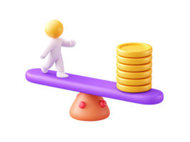 A 3D rendered icon of a figure on one end of a seesaw outweighing a stack of gold coins symbolizing greater value importance or intellectual capital over money png
