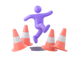 A 3D rendered icon of an agile figure in a business suit leaping over traffic cones symbolizing adeptly overcoming corporate business challenges and various obstacles png