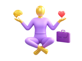 A 3D rendered icon of a figure in a meditative yoga pose with brain heart and briefcase icons symbolizing essential work life balance mental health and mindfulness png