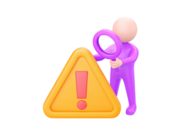 A 3D rendered icon of a figure standing beside a large yellow triangular warning sign with an exclamation mark indicating serious caution risk or an important alert png