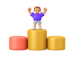 A 3D rendered icon of a cheerful figure standing on a winners podium with both arms raised in a gesture of ultimate victory and profound success png