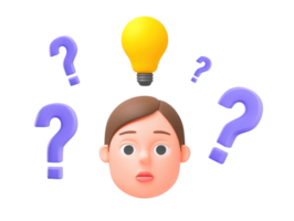 A 3D rendered icon of a thoughtful female head with floating question marks and an illuminated lightbulb representing innovation creative thinking and finding solutions png