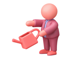 A 3D rendered icon of a figure nurturing a single small potted plant with a watering can symbolizing dedicated care initial growth new beginnings and patient investment png