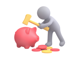 A 3D rendered icon of a figure actively smashing a pink piggy bank with a hammer symbolizing spending savings accessing funds or demonstrating financial urgency png