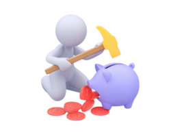 A 3D rendered icon of a figure with a hammer poised to break a purple piggy bank representing accessing savings making financial decisions or using emergency funds png