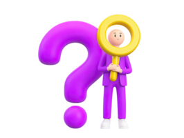 A 3D rendered icon of a figure using a magnifying glass to closely examine a large purple question mark symbolizing detailed research thorough investigation or intense curiosity png