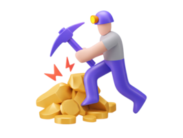 A 3D rendered icon of a hardworking miner with a pickaxe excavating a pile of shiny gold coins representing wealth discovery and valuable resources found png