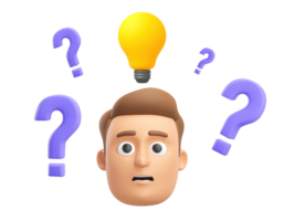 A 3D rendered icon of a pensive male head surrounded by question marks with a bright lightbulb above symbolizing idea generation problem solving and curiosity png