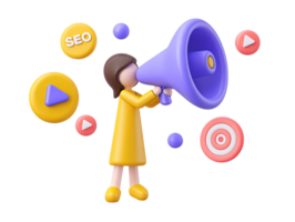 A 3D rendered icon of a dynamic woman with a megaphone and digital marketing symbols like SEO play and target icons for effective modern online campaigns png