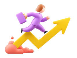 A 3D rendered icon of a dynamic figure running swiftly upwards on a yellow zig zag graph arrow symbolizing rapid growth progress financial success and achievement png