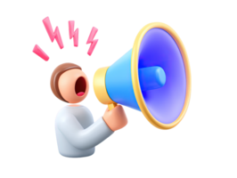 A 3D rendered icon of a character enthusiastically shouting into a large blue megaphone for an important announcement promotion or public communication png