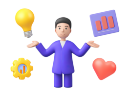A 3D rendered icon of a businessman skillfully juggling a lightbulb gear graph and heart symbolizing effective multitasking managing ideas operations data and corporate passion png
