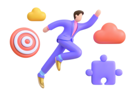A 3D rendered icon of a figure running towards a target with puzzle and cloud elements symbolizing strategic goal pursuit problem solving and modern cloud integration png