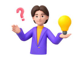 A 3D rendered icon of a businessman holding a question mark in one hand and a glowing lightbulb in the other representing effective problem solving and idea generation png
