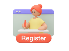 A 3D rendered icon of a person at a computer screen with a large prominent Register button signifying easy online registration new signup or user account creation png