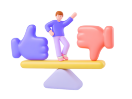 A 3D rendered icon of a figure balancing on a seesaw between a thumbs up and a thumbs down symbol representing crucial decision making receiving feedback or evaluation png