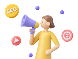 A 3D rendered icon of a woman using a megaphone for digital marketing with SEO play and target icons representing online promotion and successful audience engagement png